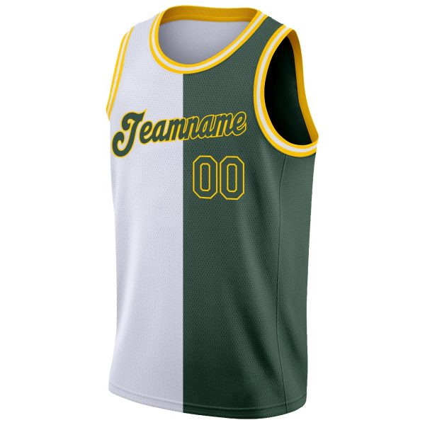 White Hunter Green-Gold Authentic Split Fashion Personalized Basketball Jersey - Image 5