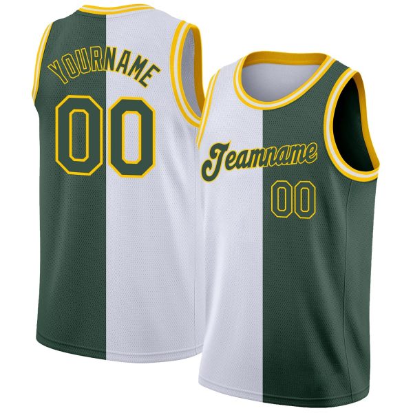 White Hunter Green-Gold Authentic Split Fashion Personalized Basketball Jersey