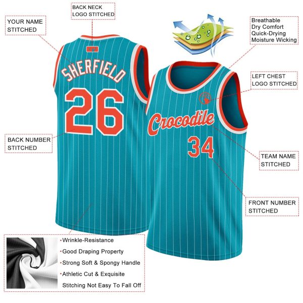 Teal White Pinstripe Orange-White Authentic Personalized Basketball Jersey - Image 2