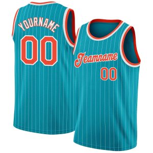 Teal White Pinstripe Orange-White Authentic Personalized Basketball Jersey