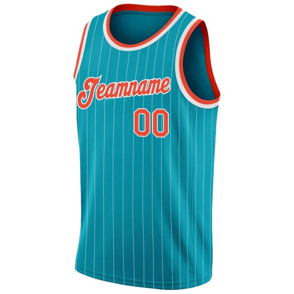 Teal White Pinstripe Orange-White Authentic Personalized Basketball Jersey - Image 5