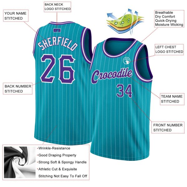 Teal White Pinstripe Purple-White Authentic Personalized Basketball Jersey - Image 2