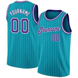 Teal White Pinstripe Purple-White Authentic Personalized Basketball Jersey