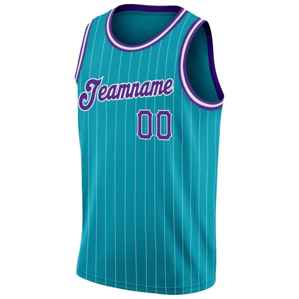 Teal White Pinstripe Purple-White Authentic Personalized Basketball Jersey - Image 5
