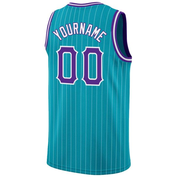 Teal White Pinstripe Purple-White Authentic Personalized Basketball Jersey - Image 6