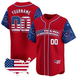 Red Royal - White Independence Personalized Baseball Jersey -  Firework Pattern Sleeve