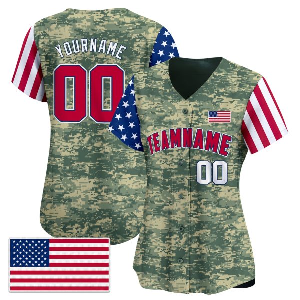 Green Camo Red White - Red USA Flag Personalized Baseball Jersey - Color Sleeve - Image 2