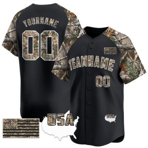 Black Alternate Camo Tree USA Flag Personalized Baseball Jersey