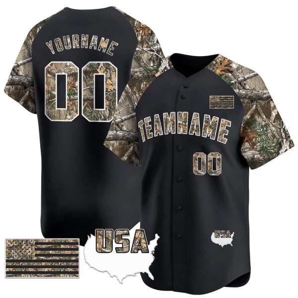 Black Alternate Camo Tree USA Flag Personalized Baseball Jersey