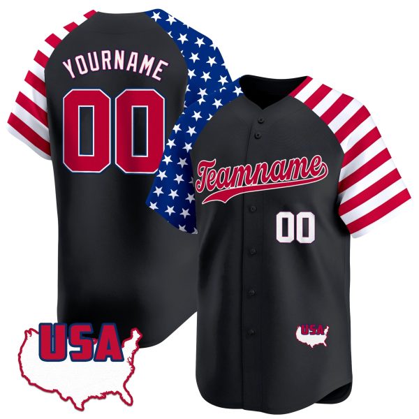 Black Alternate Red - White Independence Day Personalized Baseball Jersey - USA Map