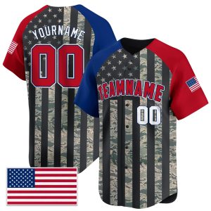 Gray Camo Alternate Red - White USA Flag Pattern Personalized Baseball Jersey