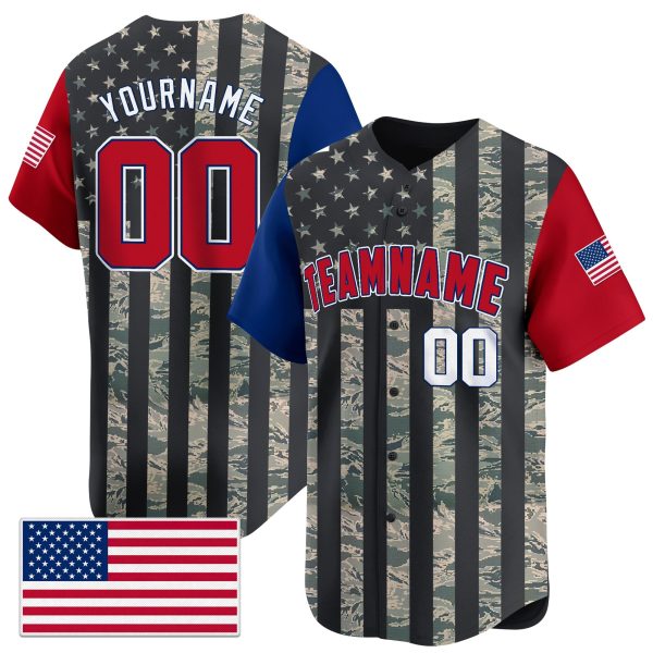 Gray Red - White Color Sleeve Camo USA Flag Pattern Personalized Baseball Jersey