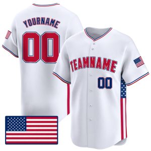 White Red - Royal Independence Day Personalized Baseball Jersey - USA Flag Patch