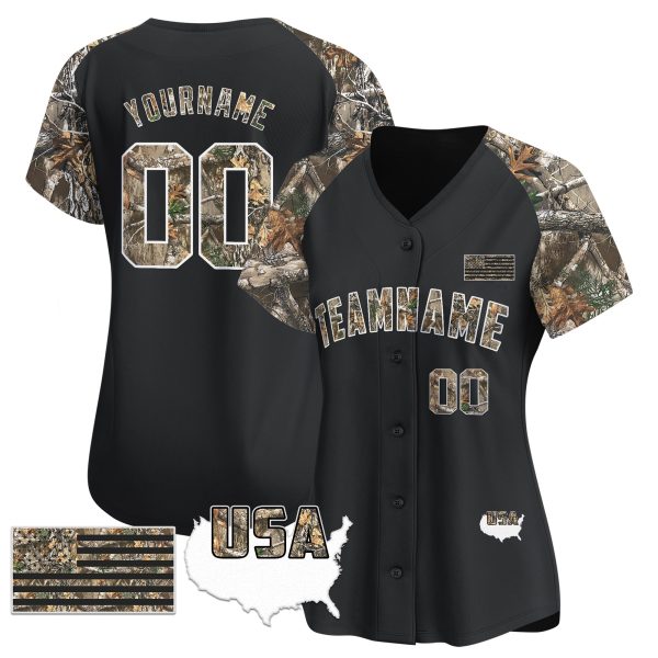 Black Alternate Camo Tree USA Flag Personalized Baseball Jersey - Image 2