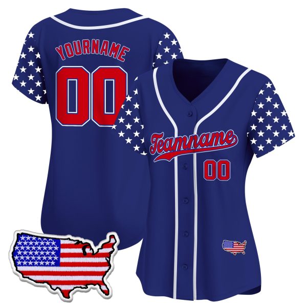 Royal Red Independence Day Star Pattern Sleeve Personalized Baseball Jersey - USA Map - Image 2