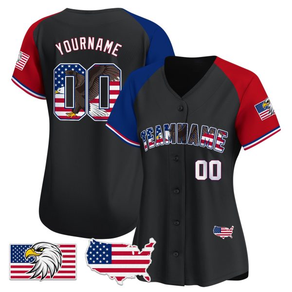 Black Alternate Royal - White Bald Eagle Independence Day Personalized Baseball Jersey - Image 2
