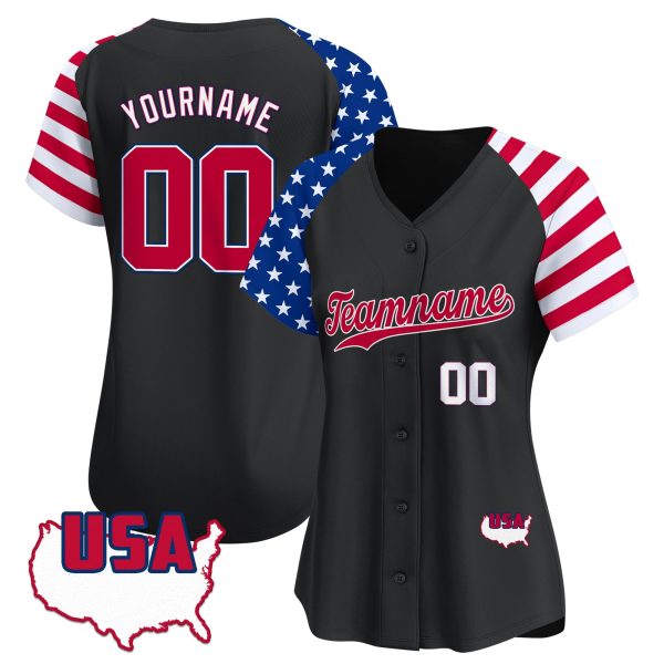 Black Alternate Red - White Independence Day Personalized Baseball Jersey - USA Map - Image 2