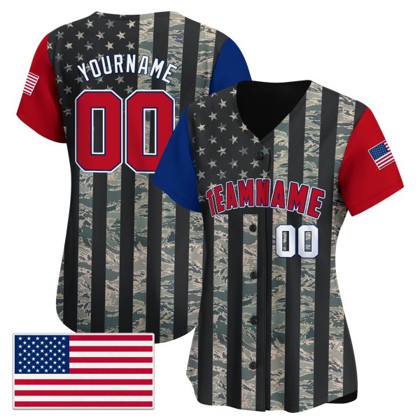 Gray Red - White Color Sleeve Camo USA Flag Pattern Personalized Baseball Jersey - Image 2