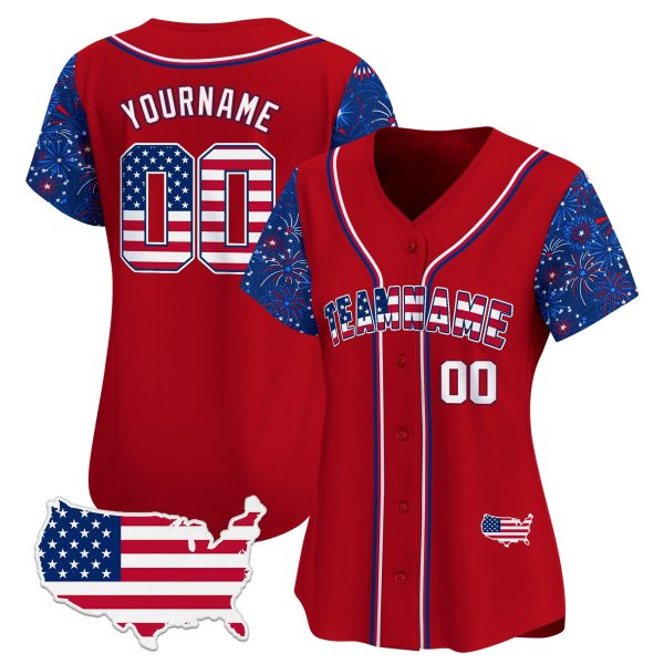 Red Royal - White Independence Personalized Baseball Jersey -  Firework Pattern Sleeve - Image 2