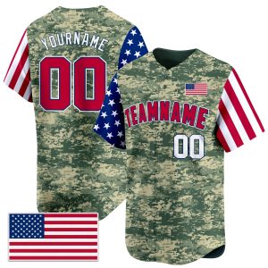 Green Camo Red White - Red USA Flag Personalized Baseball Jersey - Color Sleeve