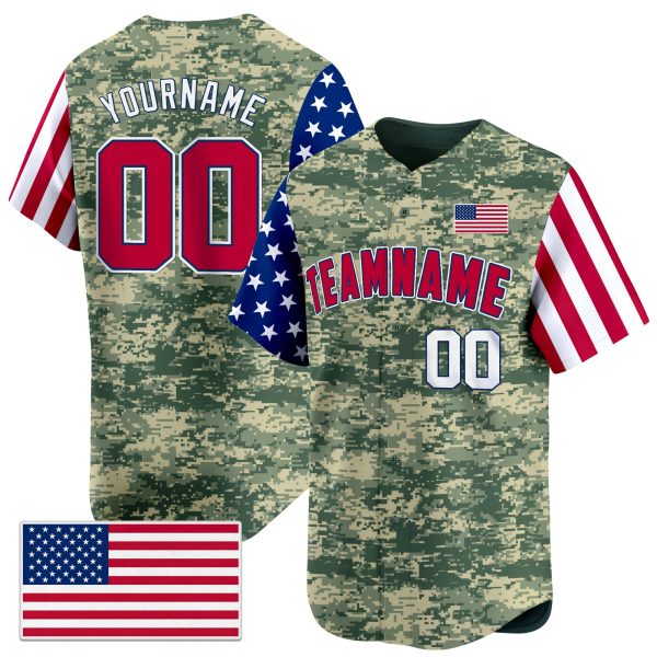 Green Camo Red White - Red USA Flag Personalized Baseball Jersey - Color Sleeve