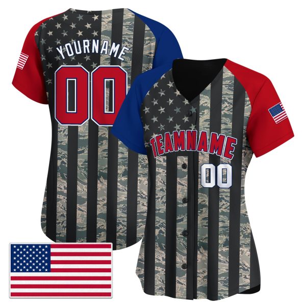 Gray Camo Alternate Red - White USA Flag Pattern Personalized Baseball Jersey - Image 2