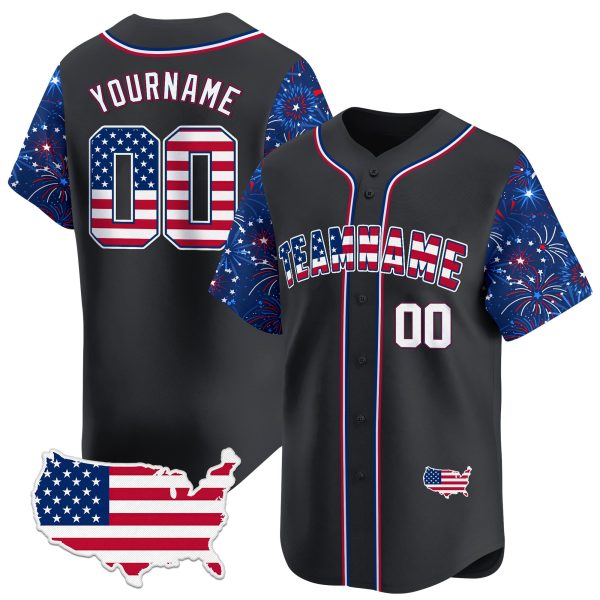 Black Royal - White Independence Personalized Baseball Jersey -  Firework Pattern Sleeve