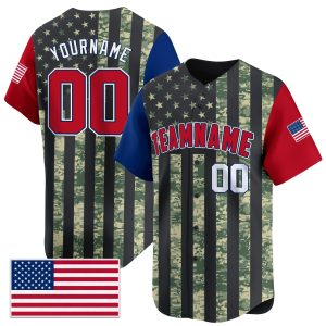Green Red - White Color Sleeve Camo USA Flag Pattern Personalized Baseball Jersey