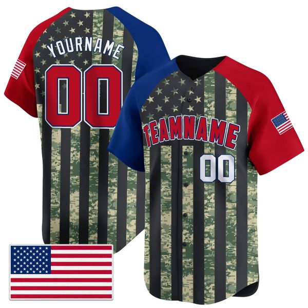 Green Camo Alternate Red - White USA Flag Pattern Personalized Baseball Jersey