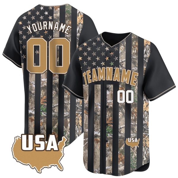 Black Camo Tree USA Flag Personalized Baseball Jersey
