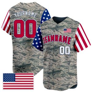 Gray Red - White Camo USA Flag Personalized Baseball Jersey - Color Sleeve