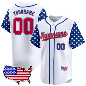 White Red - Royal Independence Day Star Pattern Sleeve Personalized Baseball Jersey - USA Map