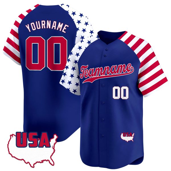 Royal Alternate Red - White Independence Day Personalized Baseball Jersey - USA Map