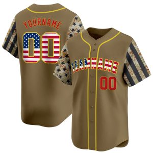 Brown Camo USA Flag Red - Gold Personalized Baseball Jersey