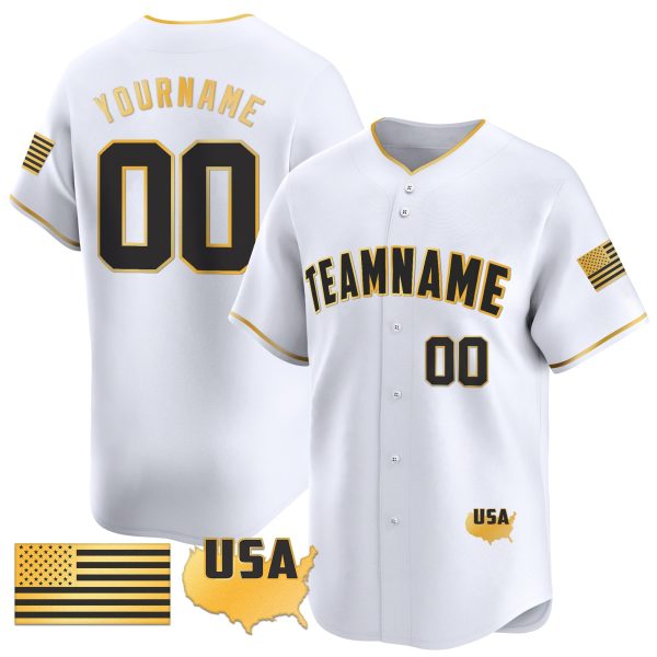 White Gold- Black American Flag Gold Personalized Baseball Jersey