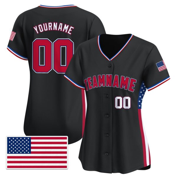 Black Red - White Independence Day Personalized Baseball Jersey - USA Flag Patch - Image 2