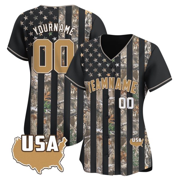 Black Camo Tree USA Flag Personalized Baseball Jersey - Image 2