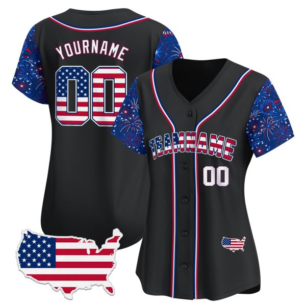Black Royal - White Independence Personalized Baseball Jersey -  Firework Pattern Sleeve - Image 2