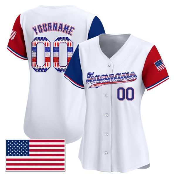 White Royal -Red 4th Of July American Flag Glitter Pattern Personalized Baseball Jersey - Color Sleeve - Image 2