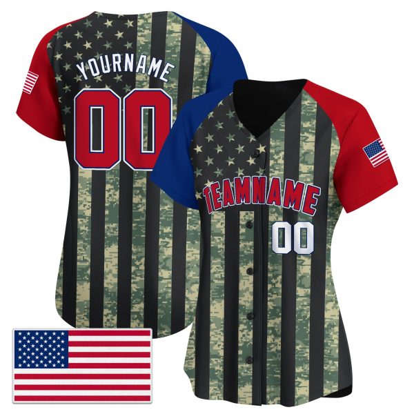Green Camo Alternate Red - White USA Flag Pattern Personalized Baseball Jersey - Image 2