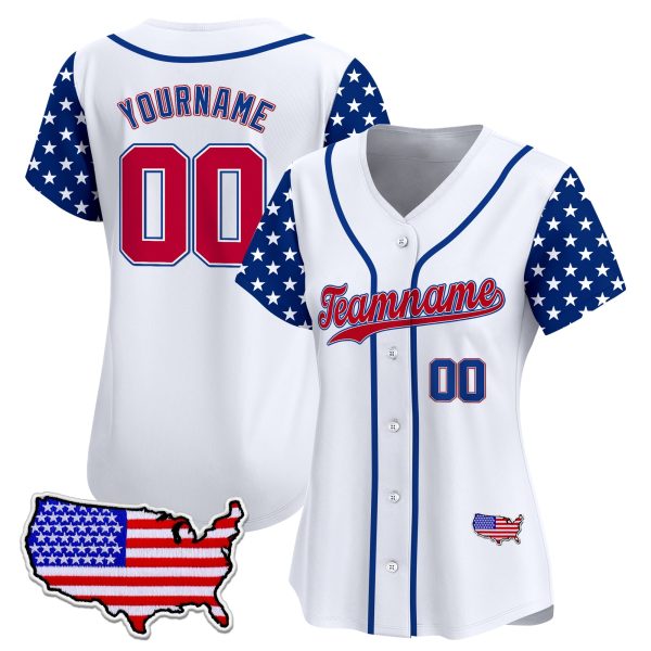 White Red - Royal Independence Day Star Pattern Sleeve Personalized Baseball Jersey - USA Map - Image 2