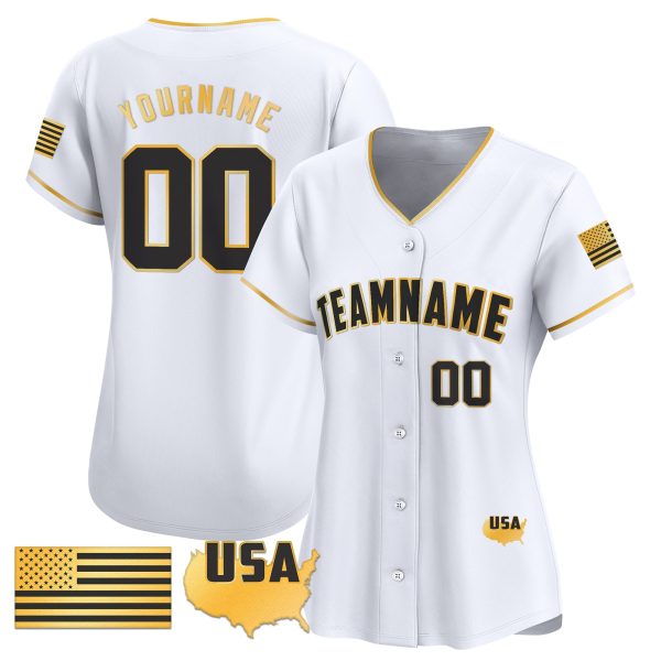 White Gold- Black American Flag Gold Personalized Baseball Jersey - Image 2