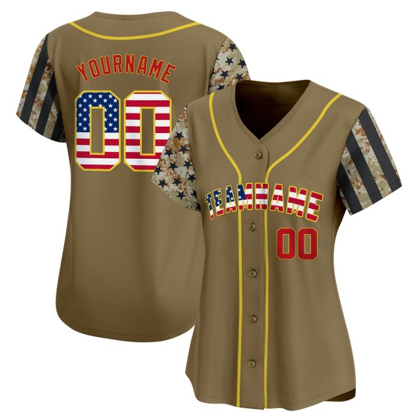Brown Camo USA Flag Red - Gold Personalized Baseball Jersey - Image 2