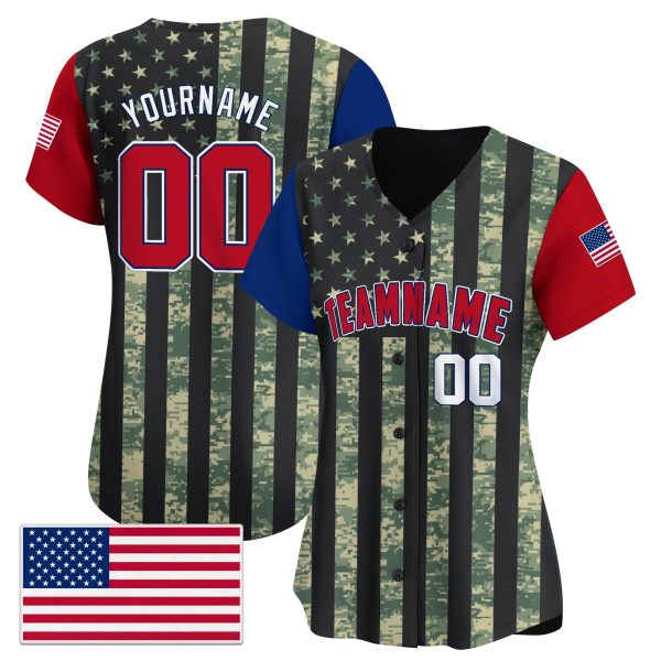 Green Red - White Color Sleeve Camo USA Flag Pattern Personalized Baseball Jersey - Image 2