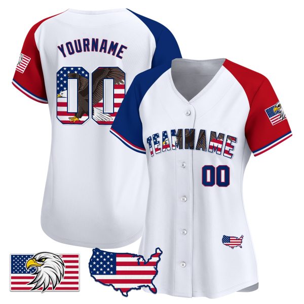White Alternate Royal - Red Bald Eagle Independence Day Personalized Baseball Jersey - Image 2