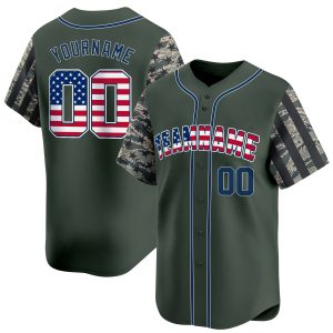 Forest Green Camo USA Flag - Navy Personalized Baseball Jersey