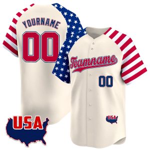 Cream Alternate Red - Royal Independence Day Personalized Baseball Jersey - USA Map