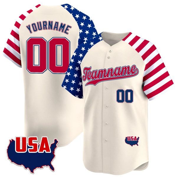 Cream Alternate Red - Royal Independence Day Personalized Baseball Jersey - USA Map