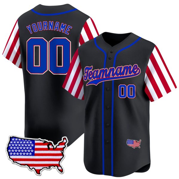 Black Royal- Red Independence Day Color Sleeve Personalized Baseball Jersey - USA Map