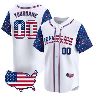 White Royal - Red Independence Personalized Baseball Jersey -  Firework Pattern Sleeve